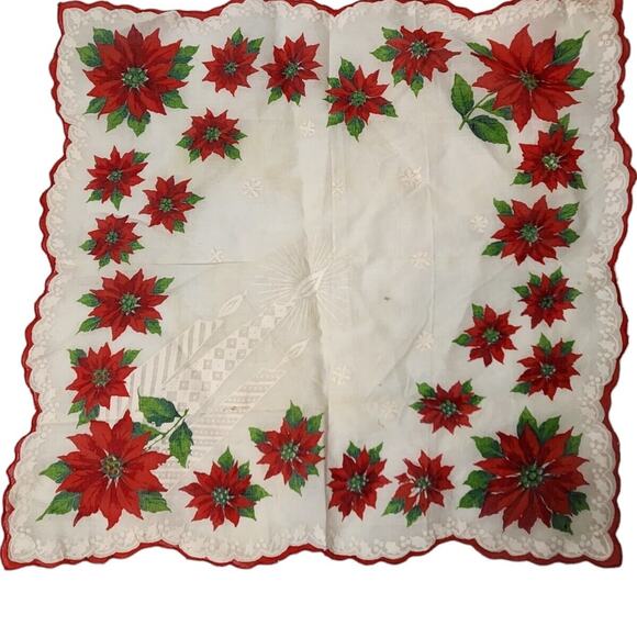 VTG Christmas Red Poinsettias Handkerchief Green Red Hanky Scalloped Edge Flower - Picture 1 of 3